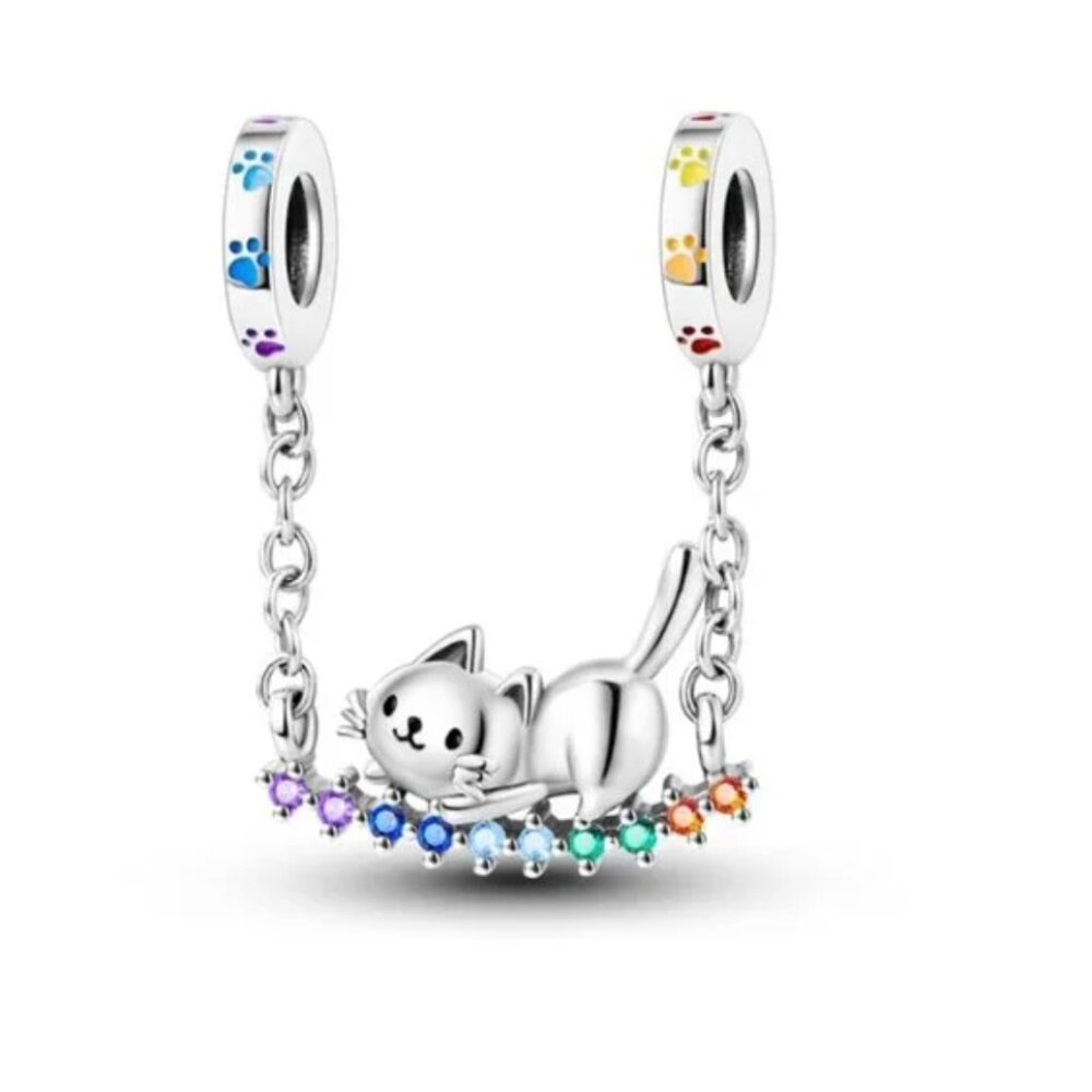 Cat on the Swing 925 Sterling Silver Charm compatible with Pandora